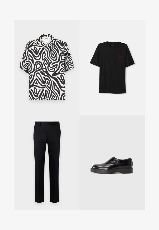 Koszula na krótki rękaw z guziczkami w czarno-białe abstrakcyjne, organiczne wzory. Wykonana z gładkiego, oddychającego materiału.; Czarny bawełniany t-shirt z krótkim rękawem, z czerwonym haftowanym sercem na lewej piersi. Klasyczny okrągły dekolt, luźny krój.; Czarne spodnie wykonane z gładkiego materiału, o prostym kroju, z przodem z zakładką i szlufkami na pasek w talii. Brak widocznych wzorów lub akcentów.; Czarna skórzana półbut z okrągłym noskiem, niskim czarnym obcasem i ozdobnym paskiem. Gładka faktura z błyszczącym wykończeniem.
