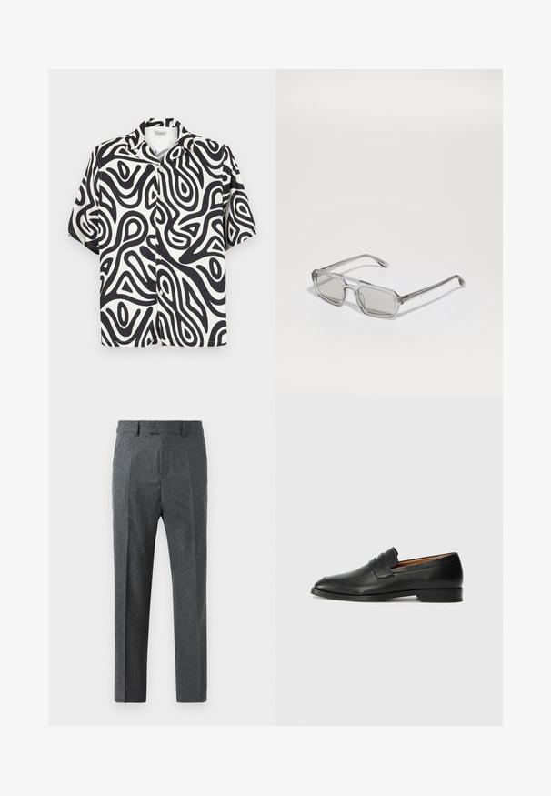 Koszula na krótki rękaw z guziczkami w czarno-białe abstrakcyjne, organiczne wzory. Wykonana z gładkiego, oddychającego materiału.; Szare dopasowane spodnie z delikatnym wzorem w kratę, prostą nogawką i gładką teksturą materiału. Posiadają szlufki na pasek i zamek błyskawiczny.; Czarne skórzane mokasyny z zaokrąglonym noskiem, subtelnymi przeszyciami i niskim obcasem, charakteryzujące się gładką teksturą i minimalistycznym designem.; Emporio Armani - Okulary przeciwsłoneczne