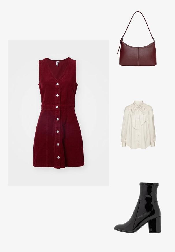 Blusa di seta color crema con un grande fiocco al colletto, chiusura con bottoni e maniche lunghe a sbuffo. Tessuto liscio con una vestibilità rilassata.; ONLY ONLMOXIE DRESS - Vestito casual - cabernet; Stivale alla caviglia in patent nero con una texture liscia, punta appuntita e tacco a blocco strutturato. Presenta un design senza zip e cuciture a contrasto.; Borsa a tracolla in pelle bordeaux con forma curvata, una sola tracolla e dettagli cuciti al centro. Texture liscia, hardware minimale.