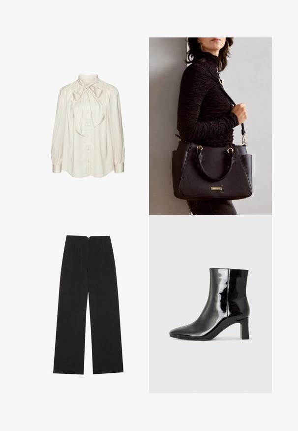 Kreemikas siidbluus suure lipsuga krael, nööbikattega ja pikkade puhvsevarrukatega. Sile tekstuur ja vabalt langev lõige.; Anna Field Püksid - black; Must-sinine nahkjalats musta läikiva viimistlusega, millel on terav nina ja keskmise kõrgusega plokk konts. Sile tekstuur ja minimalistik disain.; Musthave must kott, millel on tekstuurne pind, kaks ülemist käepidet ja reguleeritav õlarihm. Omab kuldse tooni riistu ja külgtaskuid.
