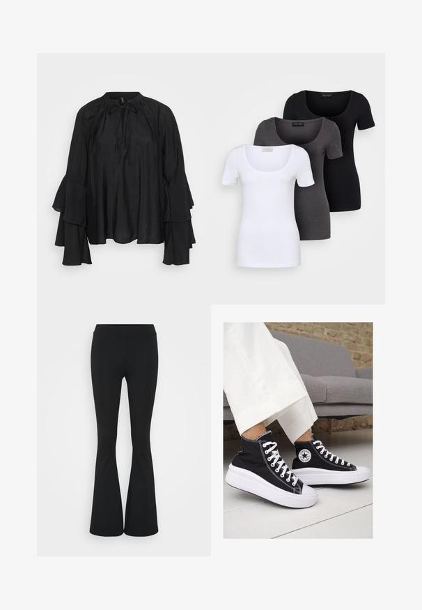 Melnā vieglā blūze ar augstu kakla izgriezumu, ar saitīti un slāņotām, platām piedurknēm. Gluda auduma, plūstoša un brīva piegriezuma.; Trīs pieguļoši T-krekli baltā, pelēkā un melnā krāsā. Katram ir plaša izgriezuma kakla un īsas piedurknes. Izgatavoti no gluda, elastīga auduma.; Melnas izplešanās bikses, izgatavotas no elastīga auduma, ar augstu vidukli un gludu tekstūru. Bikses izvēršas no ceļa.; Melni kanvas augstpapēžu apavi ar baltām gumijas zolēm un auklām. Ievērojams aplis logotips sānos un kontrastējoša balta šuvums.