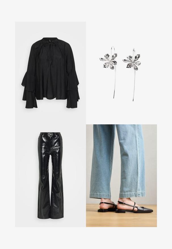 Must mustar bluus kõrgema kaelusega, lipsu detaili ja kihilise, laieneva varrukaga. Sile kangas, voolav ja mugav lõige.; Mustmustreen kunstnahast flared püksid läikiva viimistlusega, kõrge vöökohaga, esi-taskutega ja hõbedaste detailidega.; Must musta slingback kingad, millel on terav nina, lamedad kontsad ja pahkluu rihm; kantud helesiniste laia säärega teksadega.; Hõbedased lillekujulised kõrvarõngad tekstureeritud viimistlusega, pikal konksul ja kroonlehtedetaoliste detailidega, moodustades keeruka disaini.