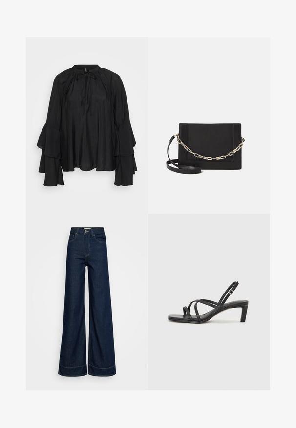 Melnā vieglā blūze ar augstu kakla izgriezumu, ar saitīti un slāņotām, platām piedurknēm. Gluda auduma, plūstoša un brīva piegriezuma.; Tumši zili augstā jostasvietā platā kāju džinsi ar priekšējām kabatām, jostas cilpām, pogu aizdari un redzamu šuvju uz balta fona.; Melnas strappy sandales ar kvadrātveida purngaliem un zemu bloku papēdi. Ievērojamas ar vairākiem plāniem siksniņām un regulējamu potītes siksniņu. Izgatavotas no gludas ādas.; Melna ādas crossbody soma ar gludu faktūru, taisnstūrveida formu un metalizētu ķēdes detaļu priekšā. Iekļauta regulējama siksna.