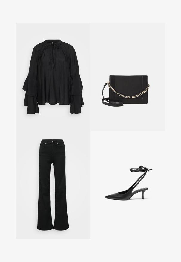 Fekete, könnyű blúz magas nyakú, kötős részletű és réteges, bővülő ujjakkal. Simogató anyag, amely laza, lebegő fazont biztosít.; Fekete, trapéz szabású farmernadrág, magas derékkal, öt zsebbel és fémből készült gombos zárással. Simább textúrájú, minimális díszítéssel.; Fekete bőrszárú stiletto cipő hegyes orral, nyitott hátsó résszel és masnira köthető bokapántokkal. Karcsú, 3 hüvelykes sarok. Simább textúrájú, minimalista dizájn.; Fekete bőr keresztpántos táska, sima textúrával, téglalap alakú és fém lánc részlettel az elején. Állítható pánttal ellátva.
