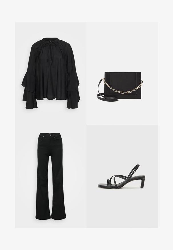 Czarna, lekka bluzka o wysokim dekolcie, z detalem w postaci wiązania oraz warstwowanymi, rozszerzającymi się rękawami. Gładki materiał o luźnym, swobodnym kroju.; Czarne dżinsy w kształcie dzwonu wykonane z denimu, z wysokim stanem, pięcioma kieszeniami i metalowym zapięciem. Gładka faktura z minimalnym zdobieniem.; Czarne sandały na obcasie z prostokątnym noskiem i niskim słupkowym obcasem. Posiadają wiele cienkich pasków i regulowany pasek na kostkę. Wykonane z gładkiej skóry.; Czarna skórzana torebka typu crossbody z gładką teksturą, prostokątnym kształtem oraz metalowym detalem w postaci łańcuszka z przodu. W zestawie regulowany pasek.