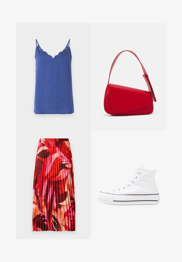 Blaues ärmelloses Top mit einem gewellten Ausschnitt, aus leichtem Stoff gefertigt, mit dünnen Trägern und lockerer Passform.; Faltet Maxi-Rock in lebhaftem Rot, Pink und braunem Blumenmuster. Der elastische Bund und die glatte Textur erhöhen Komfort und Stil.; Weiße hochwertige Leinensneaker mit schwarzer Gummisohle, vorderem Gummizehenschutz und sechs Ösen für Schnürsenkel, die ein sauberes, minimalistisches Design aufweisen.; Rote Lederhandtasche mit einem kantigen, geometrischen Design. Verfügt über einen verstellbaren Schulterriemen und einen Klappenverschluss mit genähten Details.