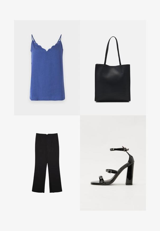 Plava bezrukava majica s izrezom u obliku valova, izrađena od lagane tkanine, s tankim trakama i opuštenim krojem.; Crne hlače ravnog kroja, s prednjim džepovima i bočnim prorezima na rubu. Izrađene od mekog i glatkog materijala. Pogodne za razne prigode.; Crne lakirane sandale na pete sa kvadratnim nosom, trakama oko gležnja i srebrnim kopčama. Imaju čvrst blok petu za stabilnost.; Crna kožna torba za nošenje s glatkom teksturom, pravokutnim oblikom i dvije duge ručke. Nema vidljivih metalnih dijelova ili ukrasa.