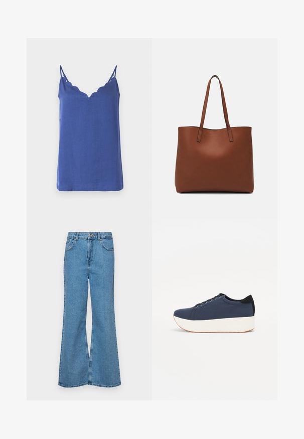 Sinine ilma varrukateta topp, millel on laineline kaelus, valmistatud kergest kangast, õhukeste rihmadega ja lõdva istuvusega.; Heledad sinine flared teksade rõivad, millel on kõrge talje, viis taskut ja üks nupulukk. Pehme tekstuur ja pleekinud viimistlus.; Tumedat sinised tennised tekstureeritud riidest pealispinnaga, valge platvormi tallaga, ümarate varvaste ja musta kontsapaneeliga. Omab kuut silma paelte jaoks.; Pruun nahast tote-kott, millel on sile tekstuur, avatud ülaosa disain ja kaks õlarihma. Omab minimaalset õmblust ja nähtavat riistvara ei ole.