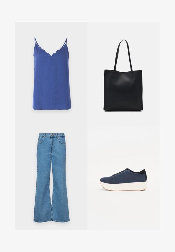 Blue sleeveless top with a scalloped neckline, made of lightweight fabric, featuring thin straps and a relaxed fit.; Light blue flared jeans made of denim, featuring a high waist, five pockets, and a single button closure. Soft texture with faded finish.; Navy blue sneaker with a textured fabric upper, white platform sole, rounded toe, and black heel accent. Features six eyelets for laces.; Black leather tote bag with smooth texture, rectangular shape, and two long handles. No visible hardware or embellishments.