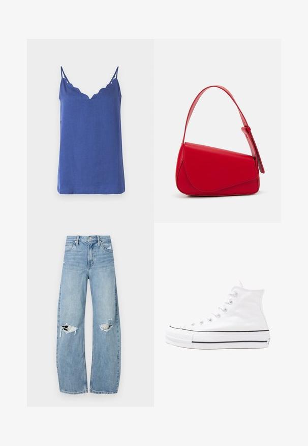 Modrý bezrukávový top s vlnitým výstřihem, vyrobený z lehkého materiálu, s tenkými ramínky a uvolněným střihem.; Světle modré džíny s vysokým pasem vyrobené z denimu. Mají široké nohavice, dvě roztržené oblasti na kolenou a klasický pětikapsový střih.; Bílé vysoké plátěné tenisky s černou gumovou podrážkou, přední gumovou špičkou a šesti očky na tkaničky, se čistým, minimalistickým designem.; Červená kožená kabelka s ostrým, geometrickým designem. Má jeden nastavitelný popruh a klopu s prošívanými detaily.