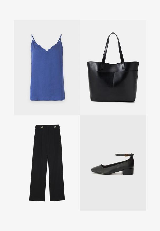 Haut sans manches bleu avec un col festonné, fabriqué en tissu léger, doté de fines bretelles et d'une coupe décontractée.; Pantalons larges noirs à taille haute, avec des détails de boutons à la taille et des plis sur le devant.; Escarpin en cuir noir avec un bout pointu et un petit talon bloc. Doté d'une bride de cheville avec une boucle dorée. Texture lisse.; Sac fourre-tout en cuir noir avec deux longues poignées, une texture lisse et une forme structurée. Dispose d'une poche avant pour un rangement supplémentaire.