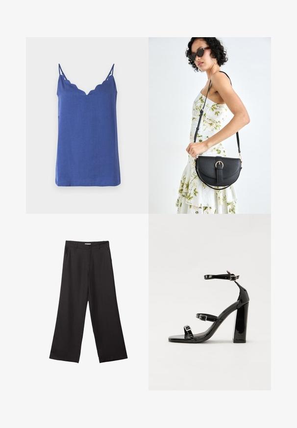 Blue sleeveless top with a scalloped neckline, made of lightweight fabric, featuring thin straps and a relaxed fit.; Black wide-leg trousers made of smooth fabric, featuring a front zipper and two side pockets, with a tailored fit and minimalistic design.; Black patent heeled sandals with a square toe, ankle straps, and silver buckles. Features a chunky block heel for stability.; Black leather handbag with a curved shape, detachable strap, and gold hardware. The bag features a flap with a buckle detail.