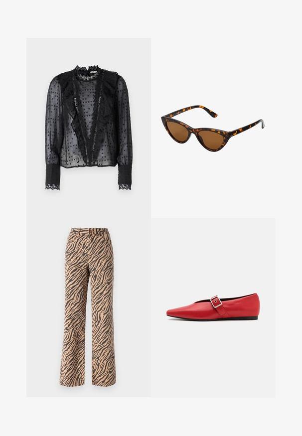 Black blouse with long sleeves, made from sheer fabric, featuring ruffles along the front and lace accents on the collar and cuffs.; Wide-leg trousers with a tiger stripe pattern in shades of brown and black, featuring a standard waist and five-pocket design.; Red leather flat shoe with a pointed toe, featuring a side strap with a metal buckle and a low black heel. Smooth texture throughout.; Cat-eye sunglasses with a black and orange tortoiseshell frame, brown lenses, and sleek, pointed tips. Features a minimal logo on the temple.