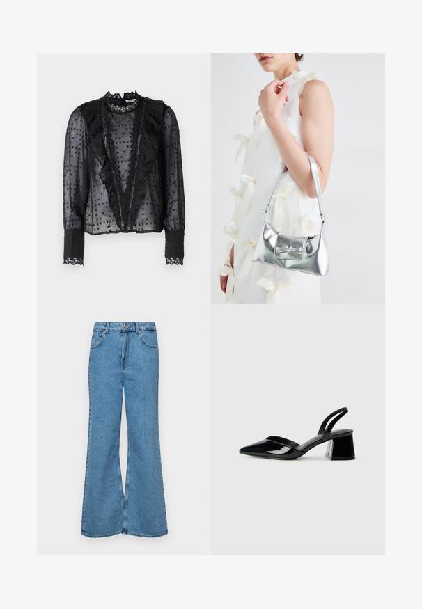 Black blouse with long sleeves, made from sheer fabric, featuring ruffles along the front and lace accents on the collar and cuffs.; Light blue flared jeans made of denim, featuring a high waist, five pockets, and a single button closure. Soft texture with faded finish.; Black patent leather slingback heels with a pointed toe and a geometric block heel. Features a sleek, minimal design and smooth texture.; Silver metallic handbag with a structured shape, featuring a top handle and bow detail on the front. Smooth texture, reflective finish.