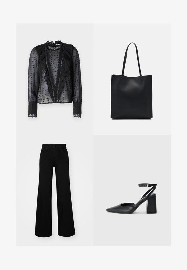 Zwarte blouse met lange mouwen, gemaakt van doorschijnende stof, met ruffles aan de voorkant en kantaccenten op de kraag en manchet.; Zwarte wijdvallende broek van denim, met een gestructureerde tailleband, riemlussen en voorzakken. Glad van textuur met een klassiek ontwerp.; Zwarte leren puntige pump met een enkelbandje en een chunky hak. Vlakke textuur, strakke vormgeving en minimalistische esthetiek.; Zwarte leren handtas met een gladde textuur, rechthoekige vorm en twee lange handvaten. Geen zichtbare hardware of versieringen.