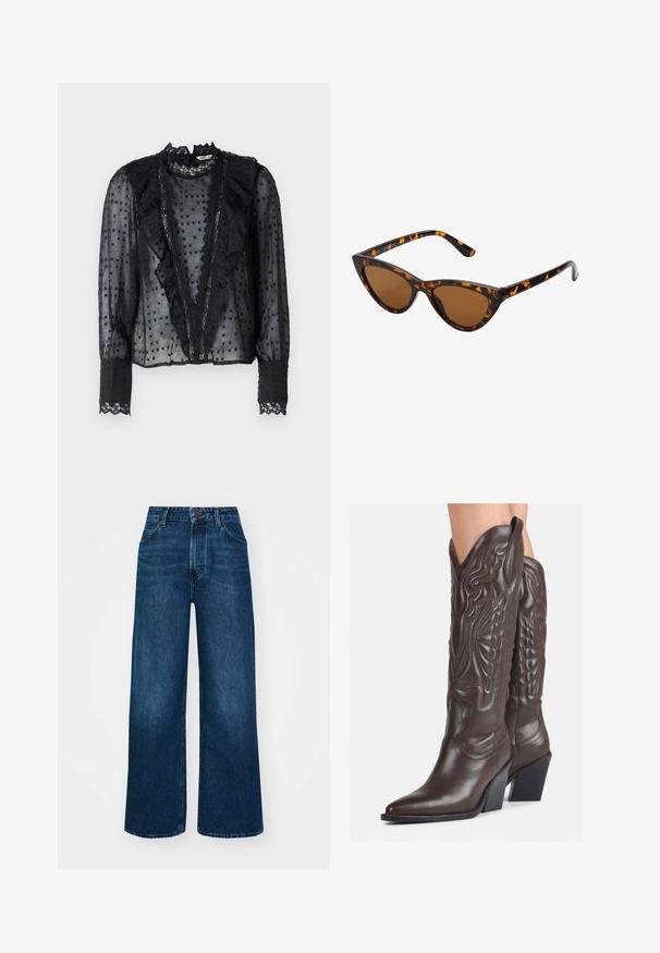 Schwarze Bluse mit langen Ärmeln, aus transparenter Stoff gefertigt, mit Rüschen entlang der Vorderseite und Spitzenelementen am Kragen und den Manschetten.; Hochtaillierte, weit geschnittene Jeans in dunkelblauem Denim mit glatter Textur, Kontrastnähten und einem Fünf-Taschen-Design. Verschluss mit einem Frontknopf.; Braune Leder-Cowboy-Stiefel mit spitzem Punkt und Blockabsatz, die über detaillierte Stickereien und hervorgehobene Akzente am Schaft verfügen.; Katzenaugen-Sonnenbrille mit einem schwarz-orangenen Schildpattrahmen, braunen Gläsern und schlanken, spitzen Enden. Verfügt über ein minimalistisches Logo am Bügel.; Kleine cremefarbene Handtasche mit strukturiertem Finish, einem langen verstellbaren Tragegurt, einem Kettenakzent und einem Klappenverschluss. Goldene Hardware-Details.