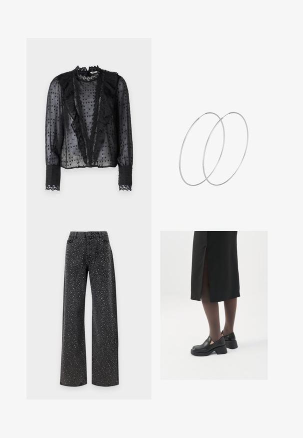 Blusa nera con maniche lunghe, realizzata in tessuto trasparente, con ruches lungo la parte anteriore e dettagli in pizzo sul colletto e sui polsini.; Noisy May NMJANNEL LOOSE - Jeans baggy - black denim; Scarpe in pelle nera con punta arrotondata, tacco spesso a blocco e accenti laterali in elastico, abbinate a collant scuri e una gonna nera con uno spacco.; Orecchini a cerchio in argento con un design minimalista. Forma circolare, superficie liscia e profilo sottile. Leggeri con una finitura lucida.