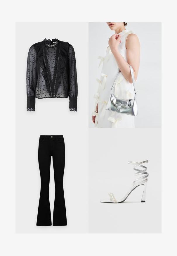 Musta paita pitkillä hihoilla, valmistettu läpinäkyvästä kankaasta, jossa on röyhelöitä edessä ja pitsikoristeita kauluksessa ja hihansuissa.; Mustat korkeavyötäröiset farkut nappi- ja vetskariyläosalla, etutaskuilla ja levenevillä lahkeilla, asetettuna tasaisesti valkoista taustaa vasten.; Hopea korkeakorkoinen sandaali, jossa on kiiltävä remmimuotoilu, helmiäisen kaltainen korostus ja kieputettu nilkkaremmi turvallista istuvuutta varten.; Harmaa metallinhohtoinen käsilaukku, jossa on jämäkkä muotoilu. Laukussa on yläkahva ja etuosassa kauniisti koristeena solmukkeen yksityiskohta. Pinnassa on sileä tekstuuri ja heijastava viimeistely.