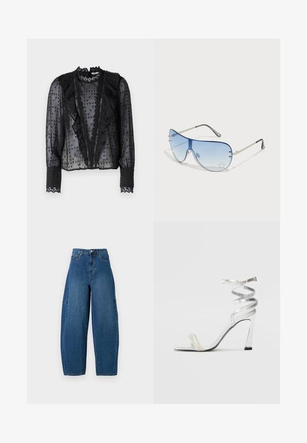 Fekete blúz hosszú ujjal, áttetsző anyagból készült, elülső fodrokkal és csipke díszítéssel a galléron és az ujjakon.; Közepes kék mosású farmernadrág, magas derékkal, széles lábszárral és hagyományos öt zsebes kialakítással, látható varrási részletekkel.; Ezüst színű, magas sarkú szandál, csillogó pánt dizájnnal, gyöngyszerű díszítéssel és spirális bokapánttal a biztos illeszkedés érdekében.; Pilóta napszemüveg, melynek áttetsző kék lencséje, ezüst fém kerete és díszes csillag díszítések találhatók a lencsén. Simogató és elegáns dizájn.