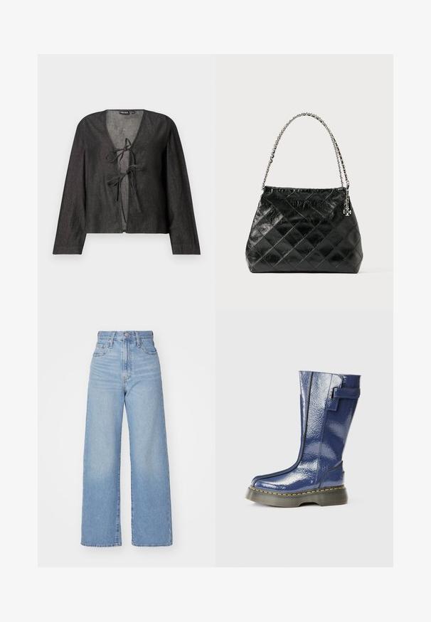 Melnas, vieglas blūzes ar garām piedurknēm, V veida kakla izgriezumu un saites aizdari priekšpusē. Gluda tekstūra, vienkāršs dizains un bez redzamām acīm redzamām rakstiem.; Gaiši zili augstās jostas vidukļa platās bikses ar priekšējo pogu un rāvējslēdzēju, priekšējām un aizmugurējām kabatām uz baltā fona.; Zilas, spīdīgs līdz ceļiem augsts zābaks ar noapaļotu purngalu, sānu rāvējslēdzēju un vertikālām šuvēm. Iezīmes bieza, melna platforma ar dzeltenu diegu šuvēm.; Melnas šūtas ādas rokassomas ar sudraba krāsas ķēdes rokturi, tai ir strukturēts dizains un gluda tekstūra.