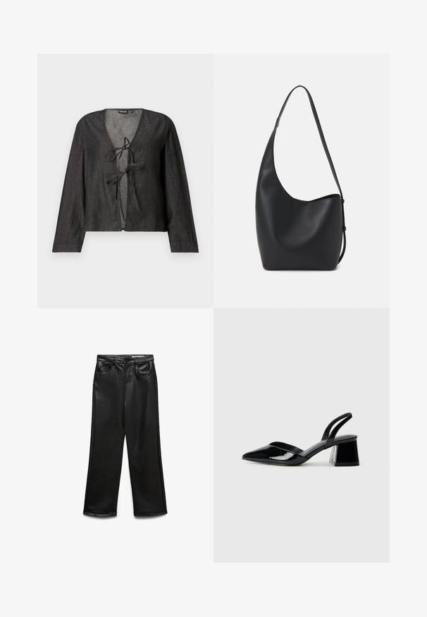 Melnas, vieglas blūzes ar garām piedurknēm, V veida kakla izgriezumu un saites aizdari priekšpusē. Gluda tekstūra, vienkāršs dizains un bez redzamām acīm redzamām rakstiem.; Plašas melnas mākslīgās ādas bikses ar kabatām priekšpusē, jostas cilpām un nelielu spīdumu. Gluda tekstūra un piegriezts siluets.; Melna lakota āda ar atvērto papēdi, ar smailu purngalu un ģeometrisku blokpapēdi. Iezīmējas elegants, minimāls dizains un gluda tekstūra.; Melnas ādas hobo soma ar gludu tekstūru, izliekta forma un vienu regulējamu jostu; augšā ir plaša atvere.