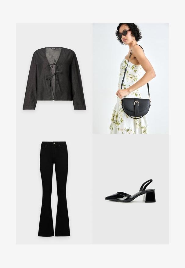 Juoda lengva bluzelė su ilgomis rankovėmis, V formos iškirpte ir raišteliu priekyje. Lygus paviršius, paprastas dizainas ir nematomi raštai.; Juodos aukšto liemens džinsai su mygtuku ir užtrauktuku, priekinėmis kišenėmis ir platėjančiomis kojomis, išdėstyti ant baltos fono.; Juodos lakuotos odinės šlepetės su smailiu pirštu ir geometriniu bloko kulnu. Turi elegantišką, minimalistinį dizainą ir lygų paviršių.; Juodas odinis krepšys su išlenkta forma, nuimamu dirželiu ir auksiniais detalėmis. Krepšys turi kilpą su sagtimi.