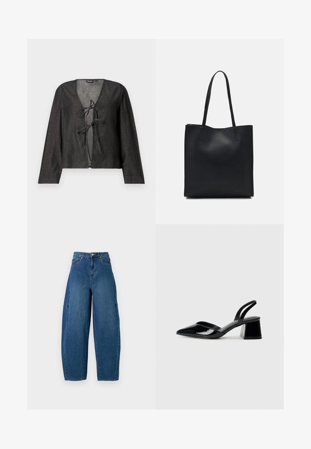 Svart lett bluse med lange ermer, V-hals og knytelukking foran. Glatt tekstur, enkelt design, uten synlige mønstre.; Denimjeans i en middels blå vask, med høy midje, vide ben og standard fem-roms design med synlige sømdetaljer.; Svarte patentlær slingback hæler med spiss tå og geometrisk blokk hæl. Har et stilrent, minimalistisk design og jevn tekstur.; Svart lær tote bag med glatt tekstur, rektangulær form og to lange håndtak. Ingen synlige deler eller dekorasjoner.