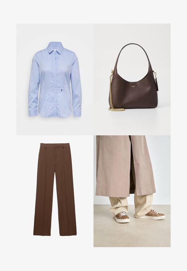 Lyseblå, langærmet skjorte med knaplukning, lavet af glat stof; har en krave og en lille sort rosemønster broderet på nederste venstre side.; Brune, vide benbukser lavet af glat stof; har fodret frontfolder og en flad talje med bæltestropper.; Beige trenchcoat over lys beige brede bukser. Brune sneakers med et struktureret mønster og hvide snørebånd. Glat, minimalistisk gulv.; COACH BROOKLYN SHOULDER BAG 23 - Håndtasker - maple