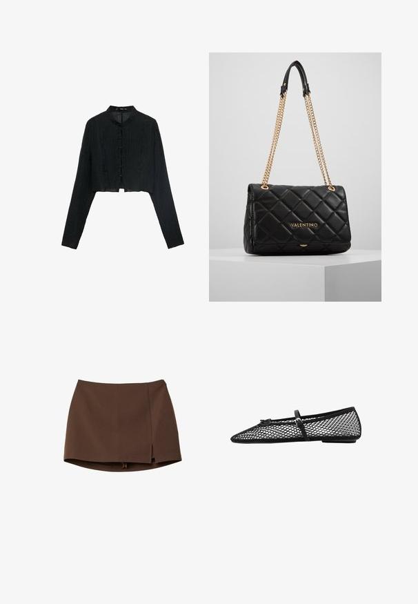 Černá zkrácená bunda s dlouhými rukávy, texturovaná tkanina, mandarínský límec a dekorativní knoflíky ve tvaru uzlu vpředu.; Hnědá minisukně z hladké látky, s předním rozparkem, čistými liniemi a strukturovaným střihem. Bez kapes a výrazných kovových doplňků.; Černé síťované baletky s špičatou špičkou, dekorativním páskem a jemným akcentem. Mají otevřenou síťovou konstrukci a plochou podrážku.; Černá prošívaná kožená kabelka se zlatým řetězovým popruhem a logem. Obdélníkový tvar, hladký povrch, s klopovým zapínáním.