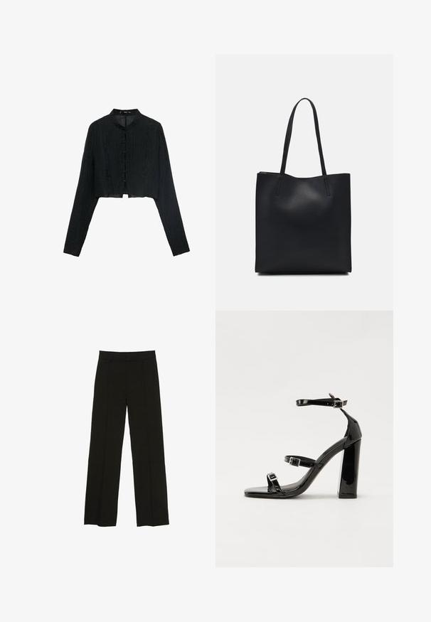 Black cropped jacket with long sleeves, textured fabric, mandarin collar, and decorative knot buttons along the front.; Black wide-leg trousers made from a smooth fabric, featuring a fitted waistband and subtle front pleats for added texture.; Black patent heeled sandals with a square toe, ankle straps, and silver buckles. Features a chunky block heel for stability.; Black leather tote bag with smooth texture, rectangular shape, and two long handles. No visible hardware or embellishments.