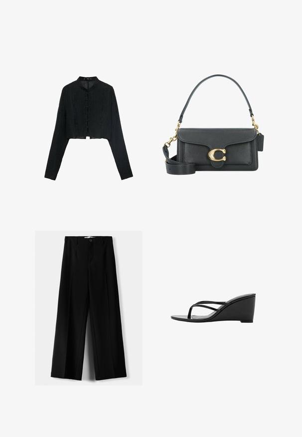 Black cropped jacket with long sleeves, textured fabric, mandarin collar, and decorative knot buttons along the front.; Black wide-leg trousers made of lightweight fabric, featuring a front button closure and flat front, with neatly stitched hems.; Black wedge sandals with a sleek design, featuring two thin straps and a smooth, glossy texture. Wedge height is moderate.; Black leather handbag with a gold hardware accent, featuring a signature clasp, a detachable shoulder strap, and textured surface.