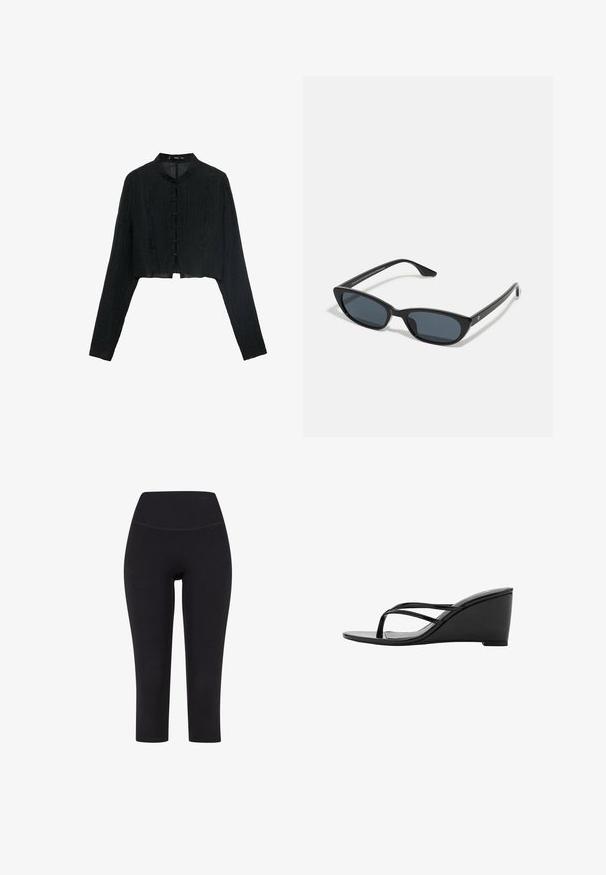 Giacca nera a taglio corto con maniche lunghe, tessuto testurizzato, colletto alla mandarino e bottoni decorativi a nodo lungo la parte anteriore.; Leggings neri a tre quarti realizzati in tessuto elasticizzato, con una vita alta e senza motivi o hardware visibili.; Sandali con zeppa nera dal design elegante, caratterizzati da due sottili cinturini e una superficie liscia e lucida. L'altezza della zeppa è moderata.; Occhiali da sole cat-eye neri con lenti scure, montatura in plastica, stanghette sottili e una leggera marca sulla parte interna del braccio. Finitura opaca.