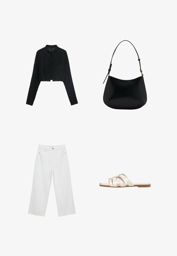 Czarna krótka kurtka z długimi rękawami, teksturowana tkanina, kołnierz mandaryński oraz ozdobne guziki w postaci węzłów z przodu.; Białe spodnie dżinsowe w stylu szerokich nogawek z wysokim stanem, wyposażone w pięć kieszeni i metalowe akcenty. Gładka struktura, bez widocznych wzorów.; Płaskie sandały z brązową gumową podeszwą, zaprojektowane z trzema nakładającymi się na siebie białymi skórzanymi paskami i małym detalem w postaci kokardy na środku.; Czarna skórzana torba na ramię o gładkiej fakturze, zaokrąglonym kształcie i regulowanym uchwycie. Charakteryzuje się minimalnym przeszyciem i prostym designem.