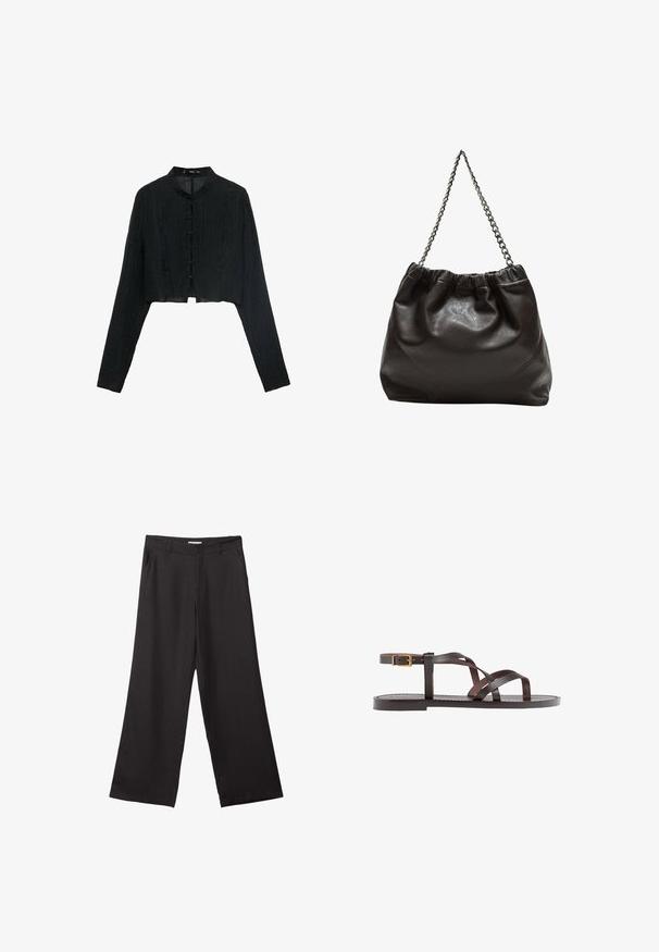Mustat lyhyet takit, joissa on pitkät hihat, teksturoitu kangas, mandariinikaulus ja koristeelliset soljenappulat edessä.; Mustat leveälahkeiset housut, jotka on valmistettu sileästä kankaasta. Niissä on edessä vetoketju ja kaksi sivutaskua, ja niiden muotoilu on räätälöity ja minimalistinen.; Ruske kožne sandale s križnim trakama, zatvaranjem na kopču oko gležnja i ravnim potplatom s minimalnim detaljima šivanja.; Ruskea nahkainen laukku, jossa on kerätty yläosa ja ketjuhihna. Tasainen pinta, jossa kiiltävä viimeistely ja hienovaraiset sauman yksityiskohdat sivuilla.