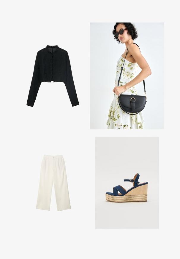 Schwarze, kurz geschnittene Jacke mit langen Ärmeln, strukturiertem Stoff, Stehkragen und dekorativen Knopfverschlüssen entlang der Vorderseite.; Helle Stoffhose mit weitem Bein und glatter Textur, ausgestattet mit einem einzelnen Knopf vorne, dezenten Falten und einem Hochbund-Design.; Marineblaue Keil-Sandale mit überkreuzten Riemen, einer strukturierten Plattform aus Naturfasern und einem goldenen Metallakzent an der Basis.; Schwarze Lederhandtasche mit geschwungener Form, abnehmbarem Tragegurt und goldenen Beschlägen. Die Tasche verfügt über einen Deckel mit einer Schnallen-Details.