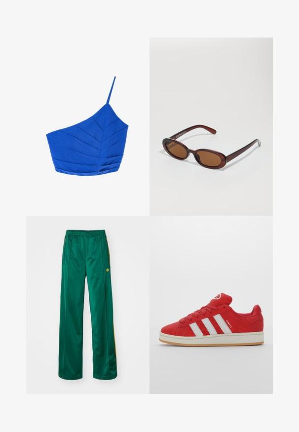 Blauwe linnen top met één schouder, met een geplooid bladvormig structuur en een dunne band, ontworpen met een gestructureerde, asymmetrische vorm.; Groene satijnen sportbroek met een relaxte pasvorm, voorzien van gele streepaccenten en een geborduurd logo aan de linkerzijde. Elastische tailleband.; Rode suède sneakers met drie witte strepen, rubberen zool, ronde neus en gevoerde tong, met 'CAMPUS' detail aan de zijkant.; Ronde, bruin getinte zonnebril met een glanzend bordeauxrood frame. Slanke pootjes met subtiele merkdetails. Vlakke lensontwerp.
