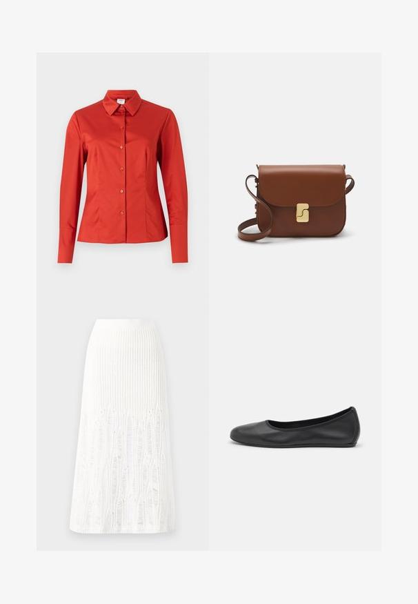 Červená košile s dlouhým rukávem, zapínáním na knoflíky, klasickým límcem, hladkým textilním povrchem a přiléhavým střihem se rovnými okraji.; Pletená bílá midi sukně s texturovaným vzorem a vertikálními pruhy a výřezovými detaily podél spodního okraje. Elastický pas. Měkký materiál.; Černé kožené baletní byty s kulatou špičkou, hladkou texturou, minimálními švy a flexibilním designem podrážky.; Hnědá kožená kabelka s klopou, zlatými kovovými detaily, ramenním popruhem a hladkým povrchem. Kompaktní obdélníkový tvar.