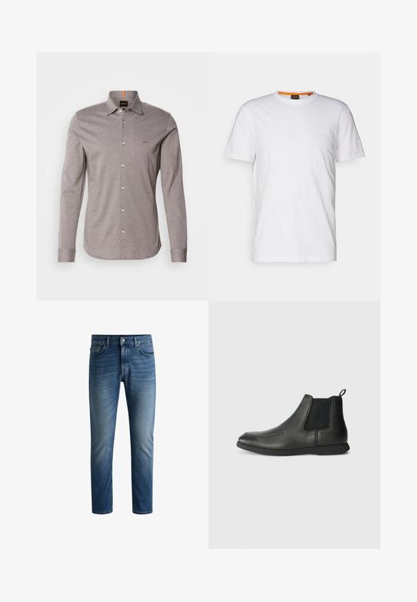 Vaaleanharmaa pitkähihainen paita nappikauluksella, pieni logo vasemmassa rinnassa ja valkoiset napit. Valmistettu sileästä kankaan, jossa on hienovarainen tekstuuri.; Valkoinen puuvillateepaita, jossa on pyöreä kaula-aukko, lyhyet hihat ja hillitty kohopainettu logo rinnassa. Sisämerkissä on oranssi yksityiskohta.; Tumma sinisiä farkkuja suoran leikkauksen, viisipaikkasuunnittelun, vaalean haalistuman reidissä ja yksittäisen nappisulun vyötäröllä.; Musta nahkaiset nilkkurit, joissa on sileä pinta, joustavat sivupaneelit ja vetoketju takana. Pyöreä kärki ja kumipohja.