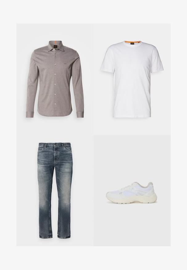 Lichtgrijs langemouwen shirt met een button-down kraag, klein logo op de linkerborst en witte knopen. Gemaakt van soepele stof met een subtiele textuur.; Witte katoenen T-shirt met ronde hals, korte mouwen en een subtiel reliëflogo op de borst. Het binnenlabel heeft een oranje accent.; Blauwe denim jeans met een rechte pijp. Licht vervaagde gebieden, klassiek vijf-pocket ontwerp en een enkele metalen knoopsluiting bij de taille.; Witte sportief schoenen van mesh en suede, met een gestructureerde tussenzool, gestructureerde accenten en het "HUGO" logo aan de zijkant.
