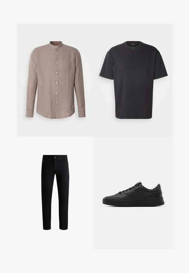 Pitkähihaista taupe-pellavaisesta paidasta, jossa on mandariinikaulus, napitus edessä ja hienovarainen tekstuuri, suunniteltu kaarevalla helmall.; Musta lyhythihainen T-paita, joka on valmistettu puuvillasta, pyöreällä kaula-aukolla ja hienovaraisella brändäyksellä kauluksessa. Sujuva pinta ja rento istuvuus.; Musta kapea slim-fit farkut viidellä taskulla, napitettava sulkeminen ja vyölenkit, esitelty valkoista taustaa vasten.; Mustat lenkkitossut, joissa on sileä nahkapäällinen, pyöreä kärki, tasaiset nauhat, pehmustettu nilkka ja minimalistinen muotoilu. Kumia pohja, jossa on hillitty urakuvio.