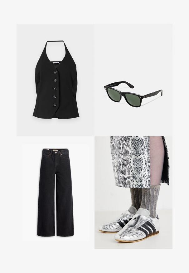 Top negro tipo halter con un profundo escote en V y una fila de seis grandes botones en el frente, fabricado en una tela suave con un ajuste estructurado.; Jeans de pierna ancha negros hechos de denim, con cinco bolsillos, remaches de cobre y un cierre clásico de botón. Textura suave con un diseño limpio.; Zapatos de fútbol plateados con rayas negras y un diseño elegante, combinados con calcetas de textura gris y oro con costuras y una falda estampada.; Gafas de sol de plástico negro con lentes verdes, montura cuadrada, acento plateado en la ceja y brazos texturizados. Marca indicada en el brazo interno.