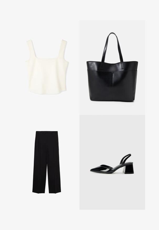 Crop top bianco aderente con scollatura quadrata, spalline larghe e texture liscia e morbida, progettato in uno stile minimalista.; Pantaloni neri a gamba larga in tessuto morbido, con pieghe nella parte frontale e tasche laterali, progettati con una linea dritta e comoda.; Décolleté in vernice nera con punta affusolata e tacco in geometria cubica. Presentano un design elegante e minimalista, con una texture liscia.; Borsa a tracolla in pelle nera con due manici lunghi, una texture liscia e una forma strutturata. Presenta una tasca frontale per ulteriore spazio di archiviazione.