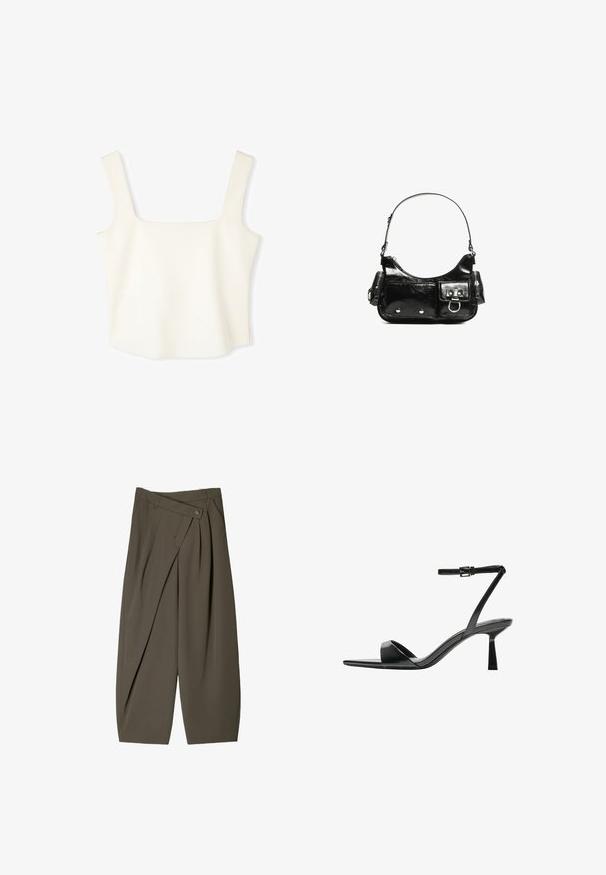 Witte, getailleerde crop top met een vierkante halslijn, brede schouderbanden en een soepele, zachte textuur, ontworpen in een minimalistische stijl.; Ruime broek in donkergroen stof, met een geplooide voorkant, een knoopsluiting en een gepolijste, gestructureerde afwerking.; Bershka Sandalen met hoge hak - black; Zwarte laarzen in lakleer met een gebogen vorm, één schouderband, voorvakken en accenten in zilverkleurig metaal.