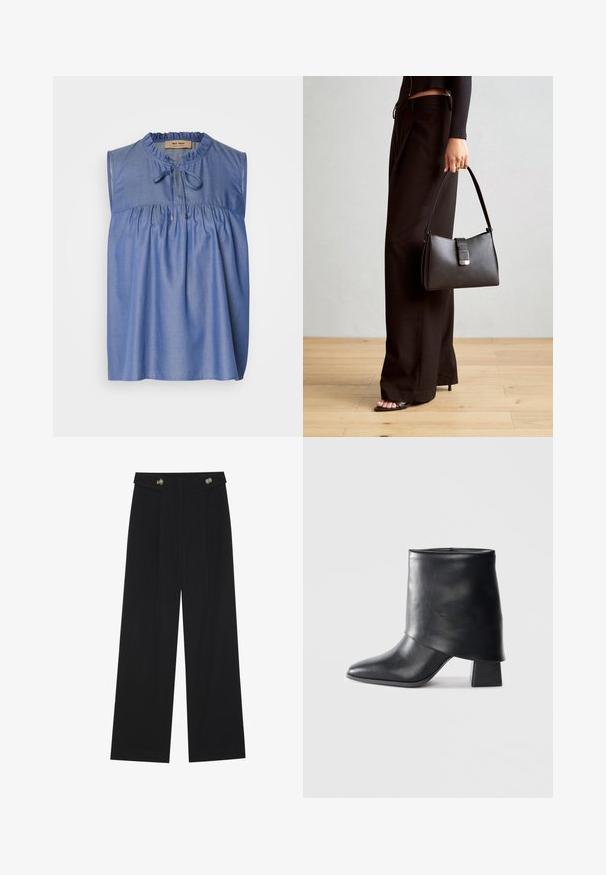 Blusa azul sem mangas feita de um tecido leve, apresentando um corpete franzido, decote em babados e um fecho de laço na frente.; Calças largas pretas com cintura alta, detalhes em botão na cintura e pregas frontais.; Bota de tornozelo em couro preto com bico afilado, textura suave e um salto bloco estruturado. Apresenta um design de cano alto e dobrado.; Bolsa preta com forma estruturada, textura suave e um fecho metálico. Combinada com calças largas pretas e sandálias de salto aberto sobre um chão de madeira.