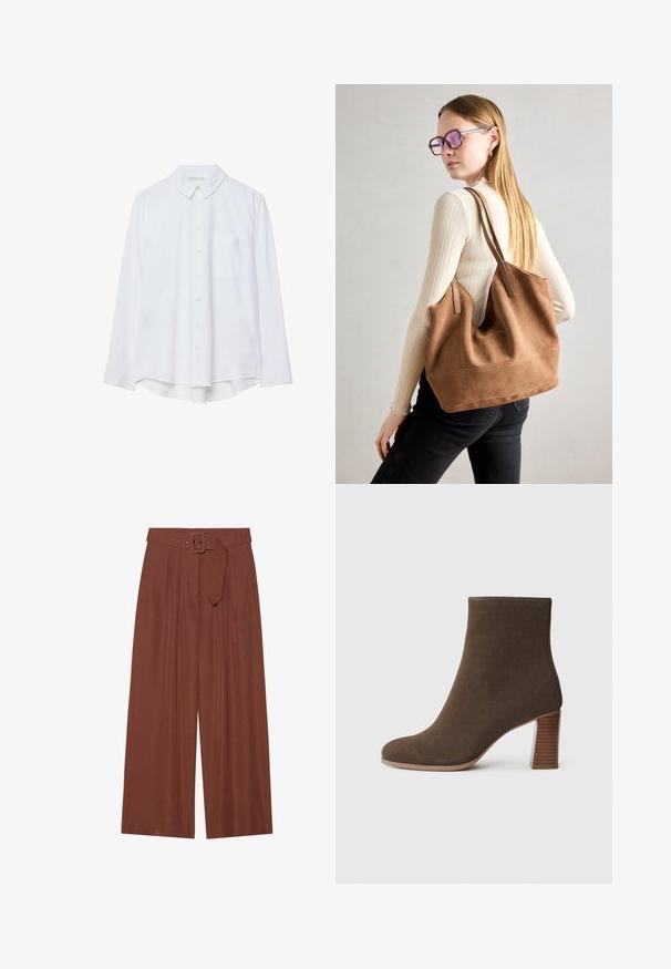 Vit långärmad skjorta med krage och en bröstficka, något böjd nederkant, visad på en vit bakgrund.; Breda byxor i brunt tyg, med ett bälte med fyrkantig spänne, plisserad design och slät textur.; Brun mockaskinns ankelboot med rund tås och en staplad, texturerad klack. Slät yta utan synliga knäppningar eller dekorationer.; Brun mocka toteväska med mjuk textur, stor öppning och långa axelremmar. Har en enkel design med synliga sömmar och ingen hårdvara.