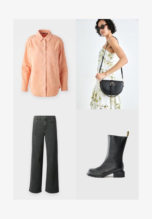 Chemise à manches longues, boutonnée, en tissu pêche clair. Elle présente un col classique, une poche sur le devant et un ourlet arrondi, avec une finition texturée.; Jeans évasés en denim gris foncé, présentant une texture subtile à motif zèbre, des coutures contrastées, et un design à cinq poches avec un zip à bouton.; Bottine en cuir noir à talon carré, texture lisse, bout rond et boucle de talon avec un marquage jaune.; Sac à main en cuir noir avec une forme courbée, bandoulière amovible et des accessoires en or. Le sac est doté d'un rabat avec un détail de boucle.