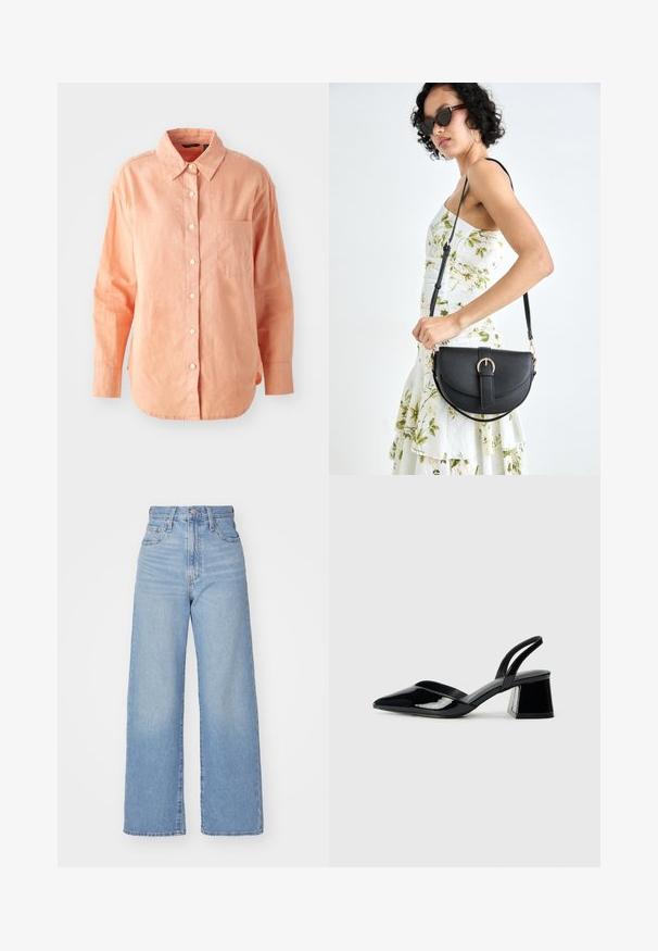 Cămașă cu mânecă lungă, cu nasturi, din material piersică deschisă. Prezintă un guler clasic, un buzunar frontal și o margine curbată, având un finisaj texturat.; Jeans cu talie înaltă, de culoare albastru deschis, cu croială largă, dotate cu nasture și fermoar la față, buzunare în față și spate, pe un fundal alb.; Pantofi cu toc slingback din piele lacuită neagră, cu vârf ascuțit și toc geometric. Prezintă un design elegant, minimalist și o textură netedă.; Geantă din piele neagră, cu o formă curbată, curea detașabilă și accesorii aurii. Geanta are un capac cu un detaliu tip cataramă.