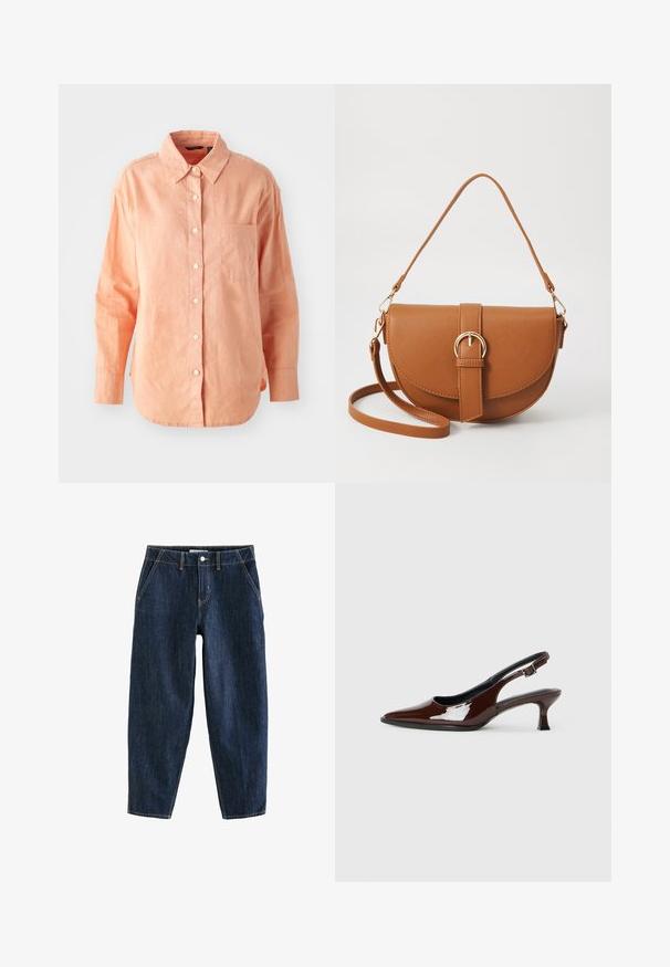 Camisa de manga larga, con botones, en tejido de melocotón claro. Presenta un cuello clásico, bolsillo frontal y dobladillo curvado, con un acabado texturizado.; Pantalones de mezclilla azul oscuro de corte holgado, con cinco bolsillos, pasadores para cinturón y costuras amarillas contrastantes. Tela limpia y texturizada.; Zapato slingback de charol marrón con punta afilada y tacón moderado. Cuenta con una correa con hebilla para un ajuste seguro. Textura suave.; Bolso bandolera de cuero marrón con forma curvada, herrajes dorados y un acento de hebilla. Incluye una correa de hombro desmontable.