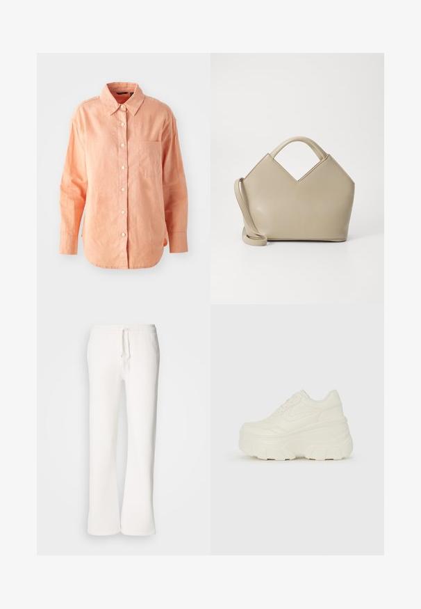 Camicia a maniche lunghe con bottoni in tessuto pesco chiaro. Presenta un colletto classico, taschino frontale e orlo curvo, con una finitura testurizzata.; Pantaloni della tuta bianchi, a vestibilità ampia, realizzati in tessuto morbido, con vita elastica dotata di laccetto e design a gamba dritta.; Sneakers bianchi con piattaforma, caratterizzati da una parte superiore simile alla pelle liscia, forma arrotondata, collo imbottito e suola in gomma testurizzata con scanalature ben definite.; Borsa a mano strutturata beige con un'apertura a V, in pelle liscia, manici corti e una lunga tracolla regolabile. Design minimalista.