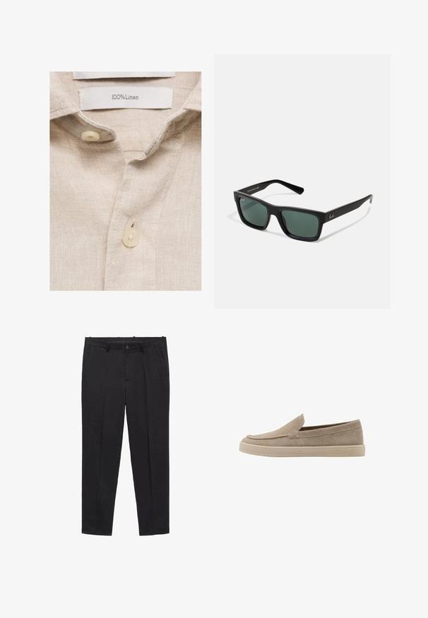 Camicia in lino beige con una consistenza morbida, colletto e due bottoni in plastica cremosa. L'etichetta di cura riporta "100% Lino."; Pantaloni neri su misura realizzati in tessuto liscio, con vita piatta, passanti per la cintura e tasche laterali. Design a gamba dritta.; Scarpe slip-on in suede beige con punta arrotondata, design a profilo basso e finitura testurizzata. Presenta un delicato dettaglio di cucitura lungo la tomaia.; Occhiali da sole neri rettangolari con lenti verdi, caratterizzati da una finitura opaca, aste dritte e il logo Ray-Ban sul lato.; Borsa duffel in suede marrone scuro con manici in pelle e una tracolla regolabile, dotata di chiusura a cerniera superiore.